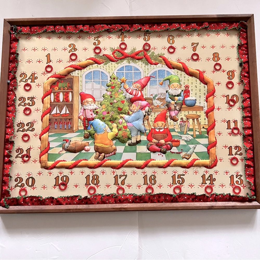 Christmas Advent Fabric 3-D Calendar the Creative Circle Elf’s Toy Framed 19x25”